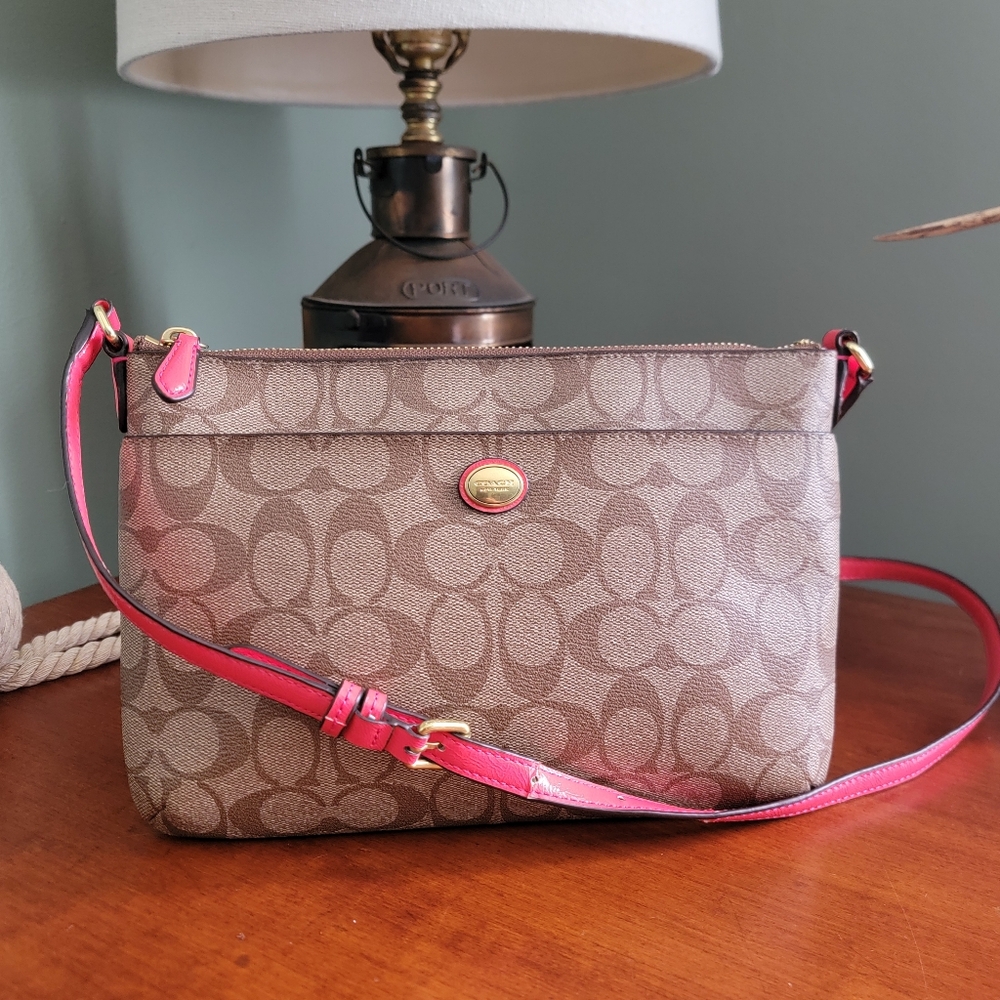 Coach East West Swingpack Khaki Brown Coated Canvas Pink Patent Leather Bag